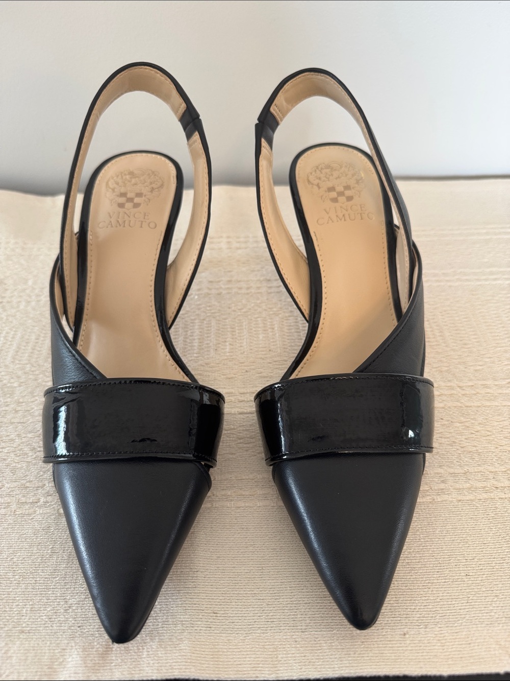 Vince Camuto Black Pointed Slingback Mules with Patent Strap